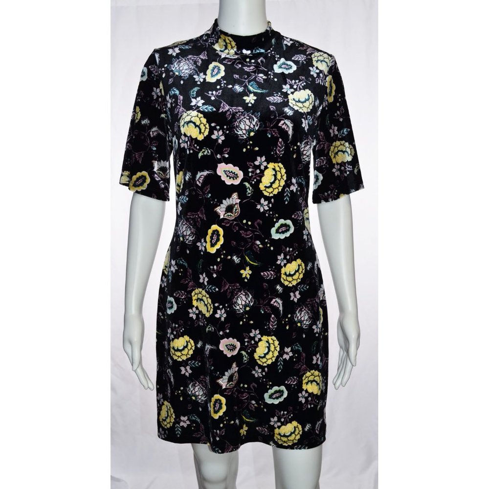 Current Project Floral Velvet Mock Neck Short Sleeve Dress Black/Purple Size L